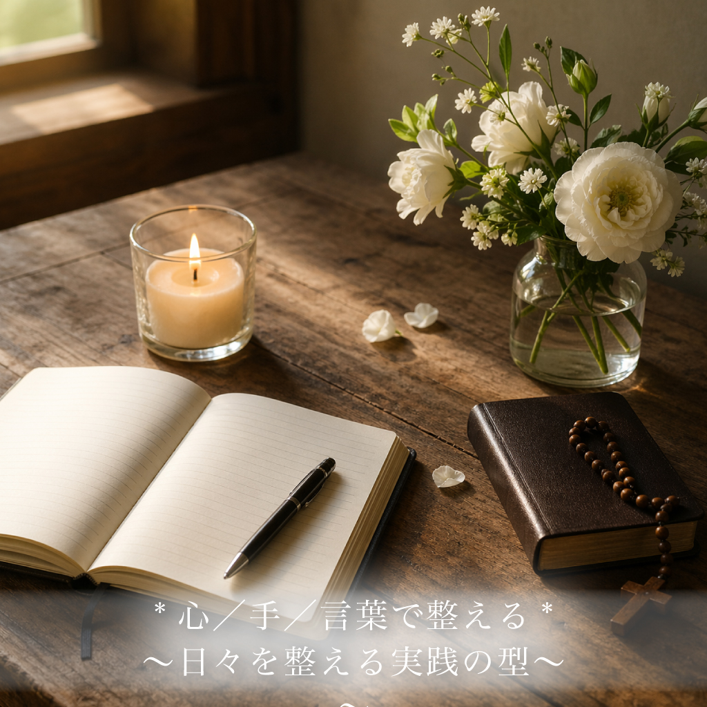 木の机の上に蝋燭とノート、祈りの本が整然と並ぶ静かな静物