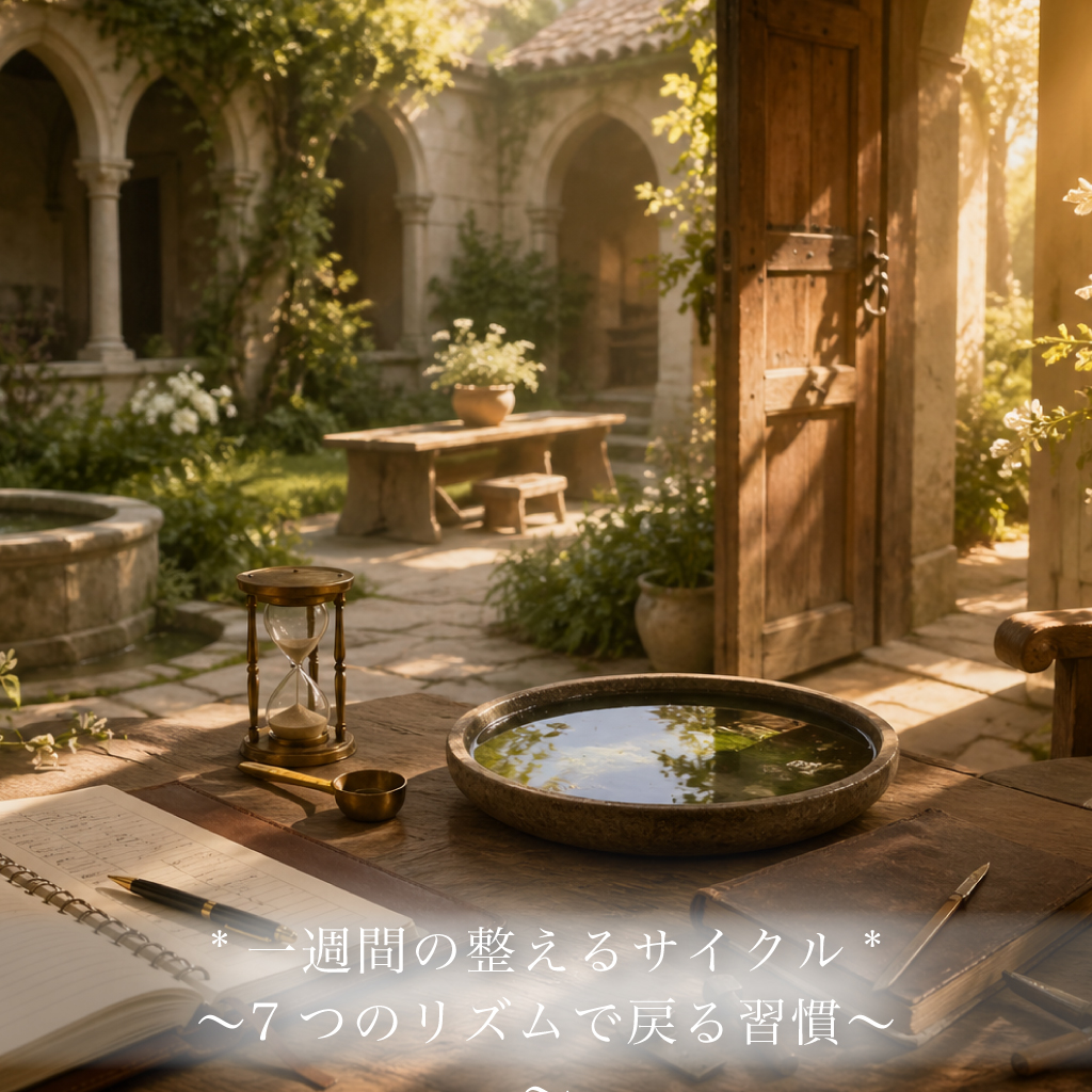 朝の光が差す修道院の中庭と開いた扉、砂時計と水盤、ノートが並ぶ静かな机