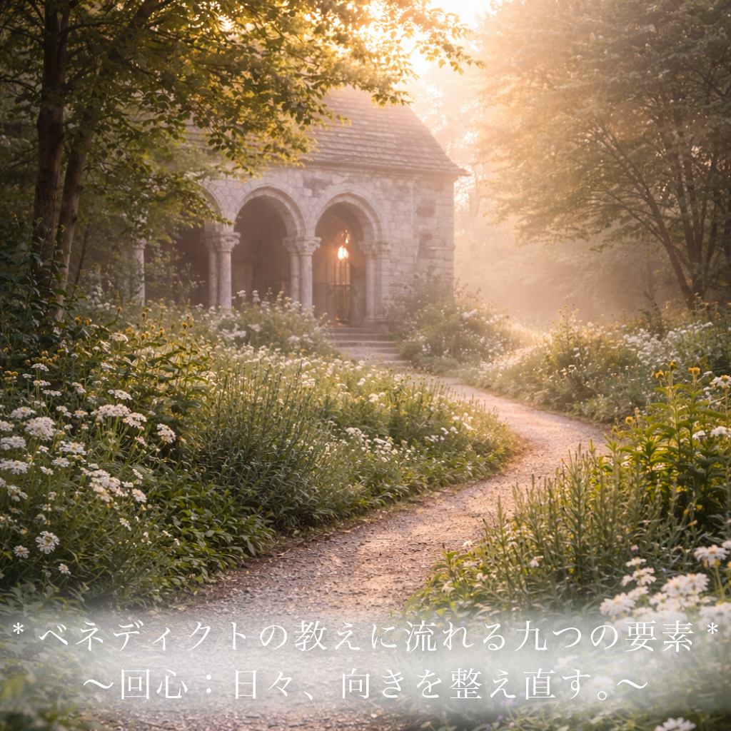 朝の光へ続く修道院の庭の小径と白い花々