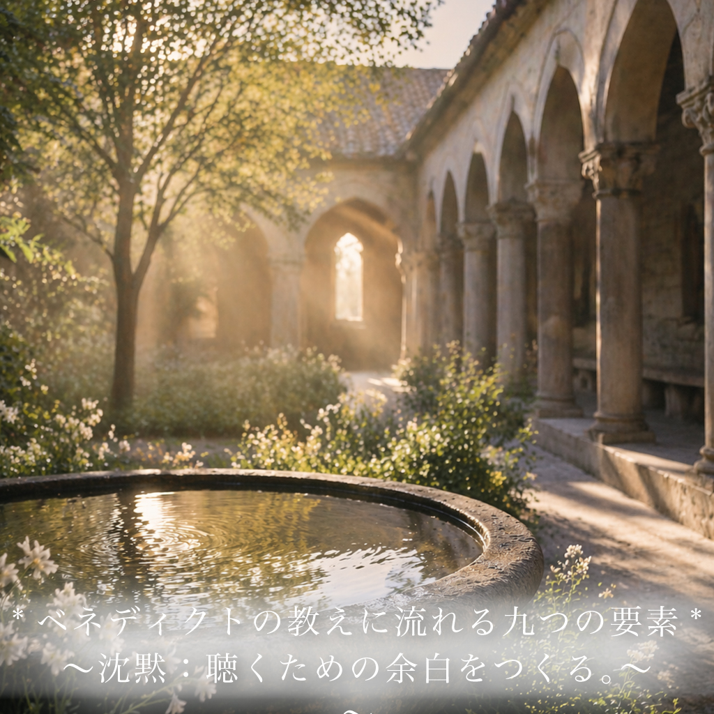 朝の光が差す修道院の回廊と静かな水面が映る中庭の風景