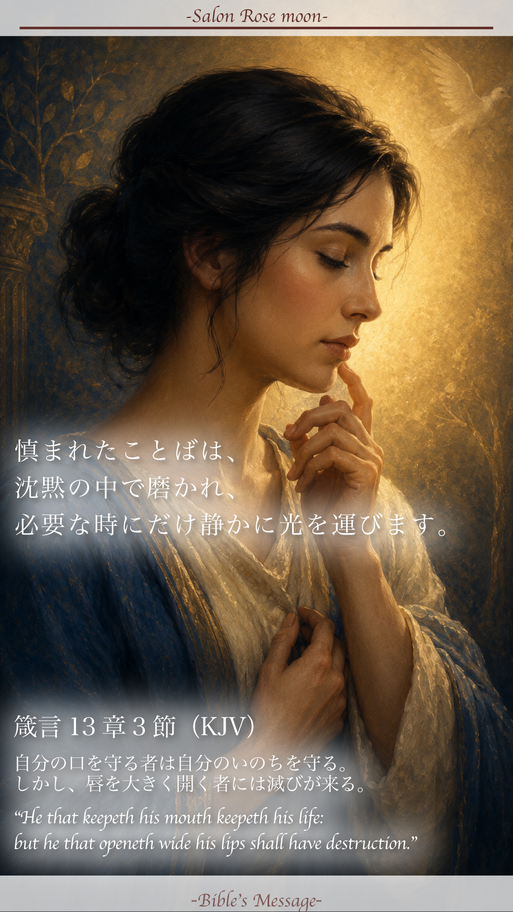 2026年5月12日 本日の聖書の言葉 箴言13章3節 節度あることばと静かな慎みを表す祈りの人物像