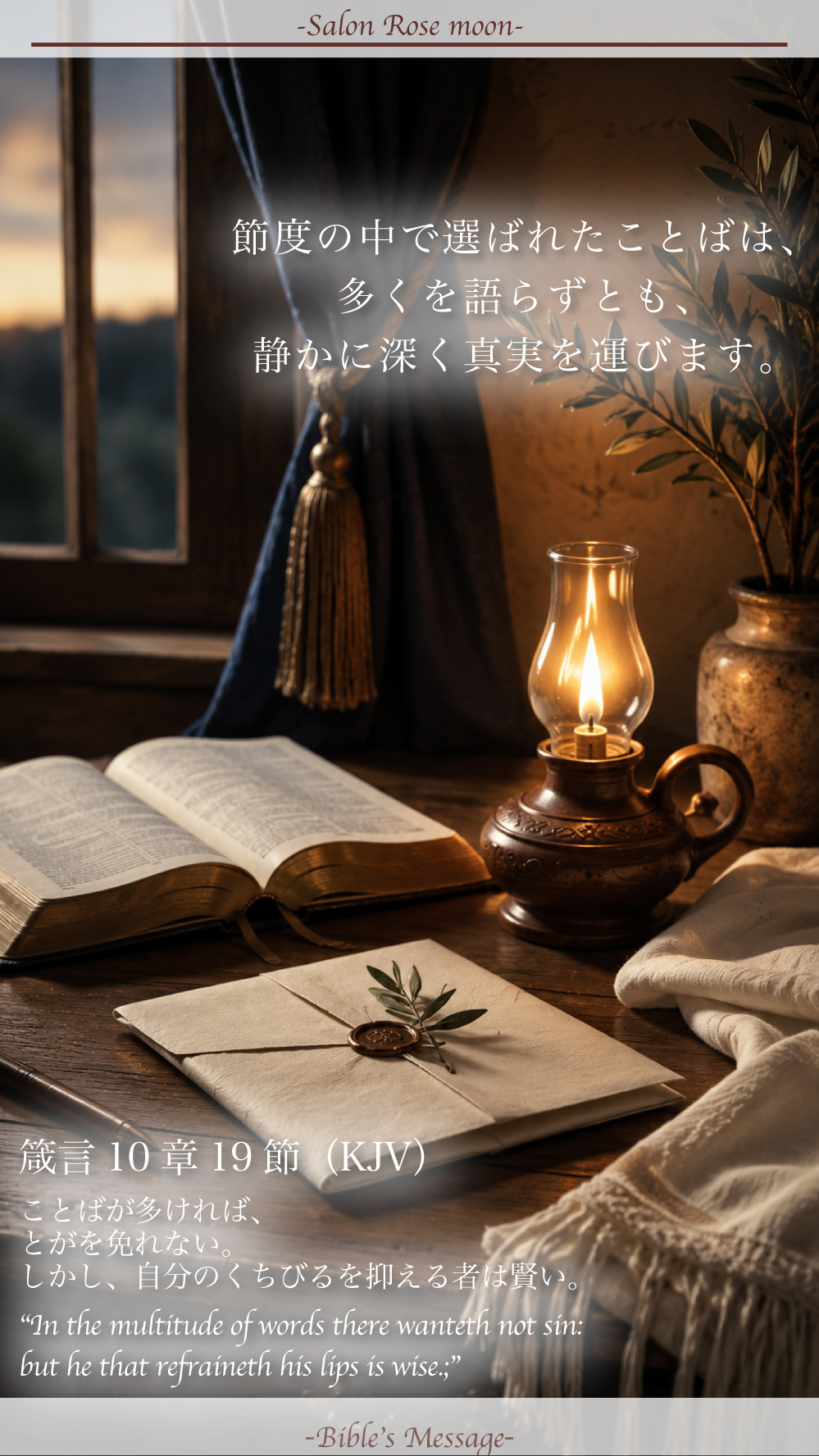 2026年5月19日 本日の聖書の言葉 箴言10章19節 節度あることばと静かな慎みを象徴する机上の静物