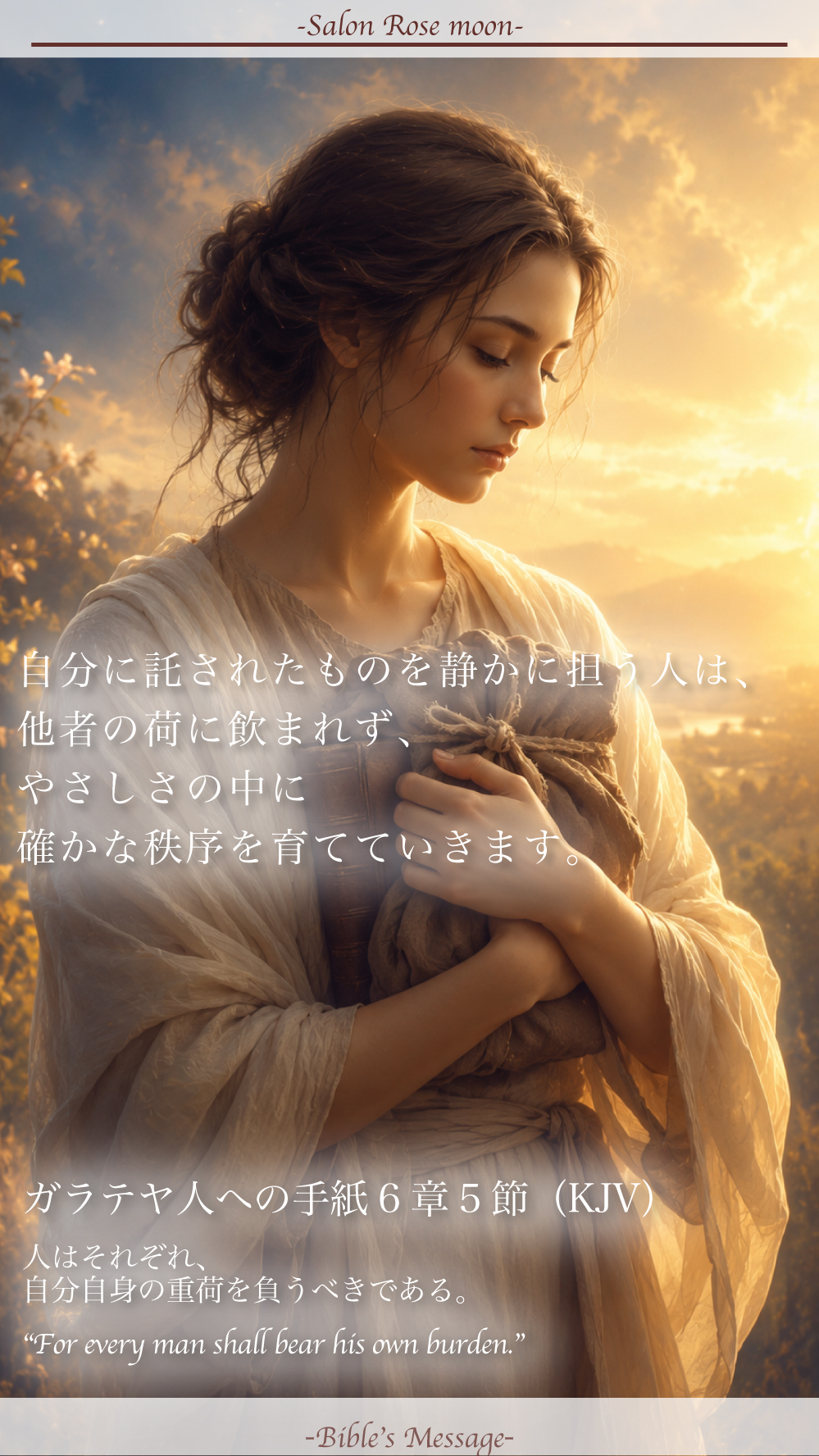 2026年5月28日 本日の聖書の言葉 ガラテヤ人への手紙6章5節 自分に託された荷を静かに抱えて担う人物像