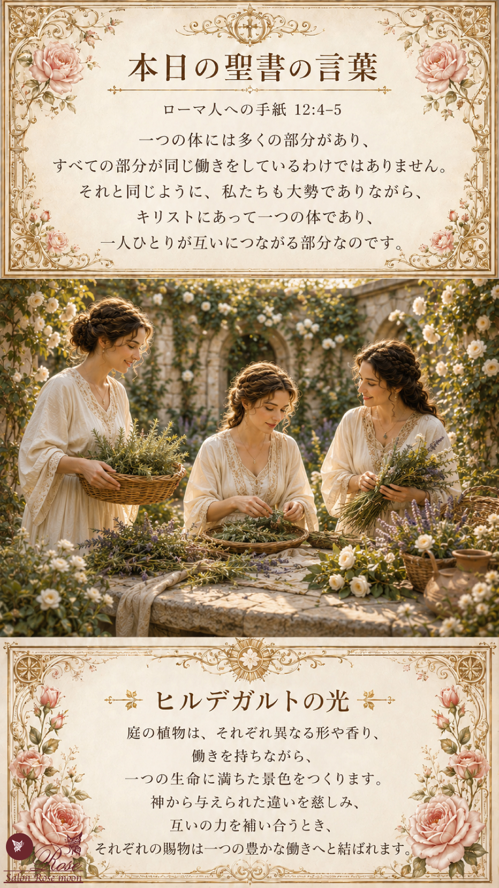 修道院の庭で役割を分かち合いながらハーブを摘む女性たちとローマ人への手紙12章4–5節