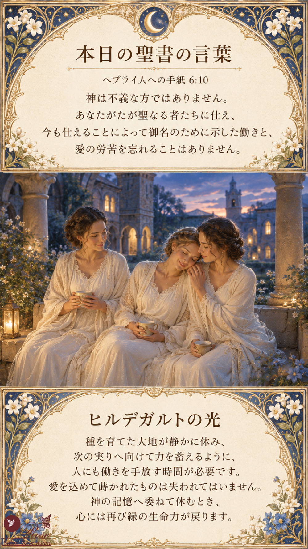夕暮れの修道院回廊で寄り添いながら休む三人の女性とヘブライ人への手紙6章10節