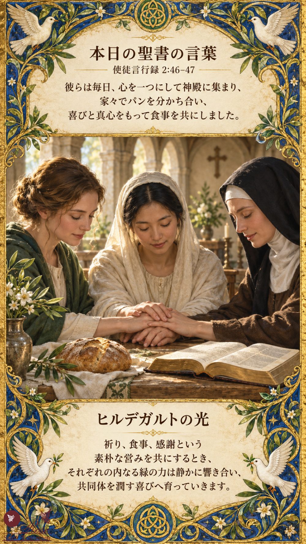 使徒言行録2章46〜47節の「彼らは毎日、心を一つにして神殿に集まり、家々でパンを分かち合い、喜びと真心をもって食事を共にしました」という聖書の言葉とヒルデガルトの光を掲載した、青金の彩飾写本風フレームとオリーブや白い鳩に囲まれ、パンと聖書を置いた食卓で手を重ねて祈る三人の女性