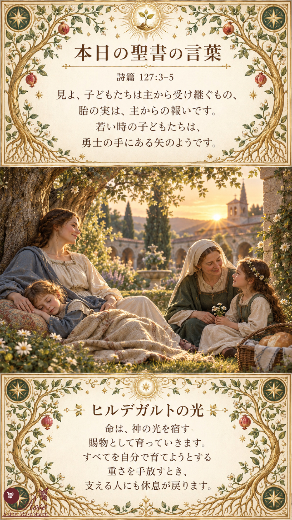 詩篇127篇3〜5節の「子どもたちは主から受け継ぐもの」という聖書の言葉とヒルデガルトの光を掲載した、鳥の巣と青い小鳥、野花の金装飾に囲まれた修道院の庭で、二人の女性が子どもたちと彩飾本を読みながら穏やかな休息を分かち合う