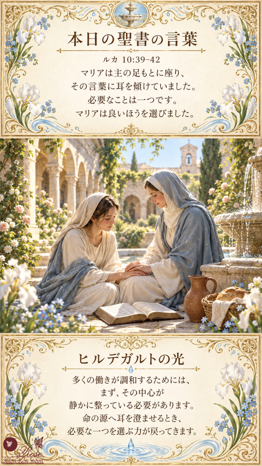 ルカによる福音書10章39〜42節の「必要なことは一つです。マリアは良いほうを選びました」という聖書の言葉とヒルデガルトの光を掲載した、礼拝堂へ続く道を背景に二人の女性が聖書の前で手を重ねて祈る