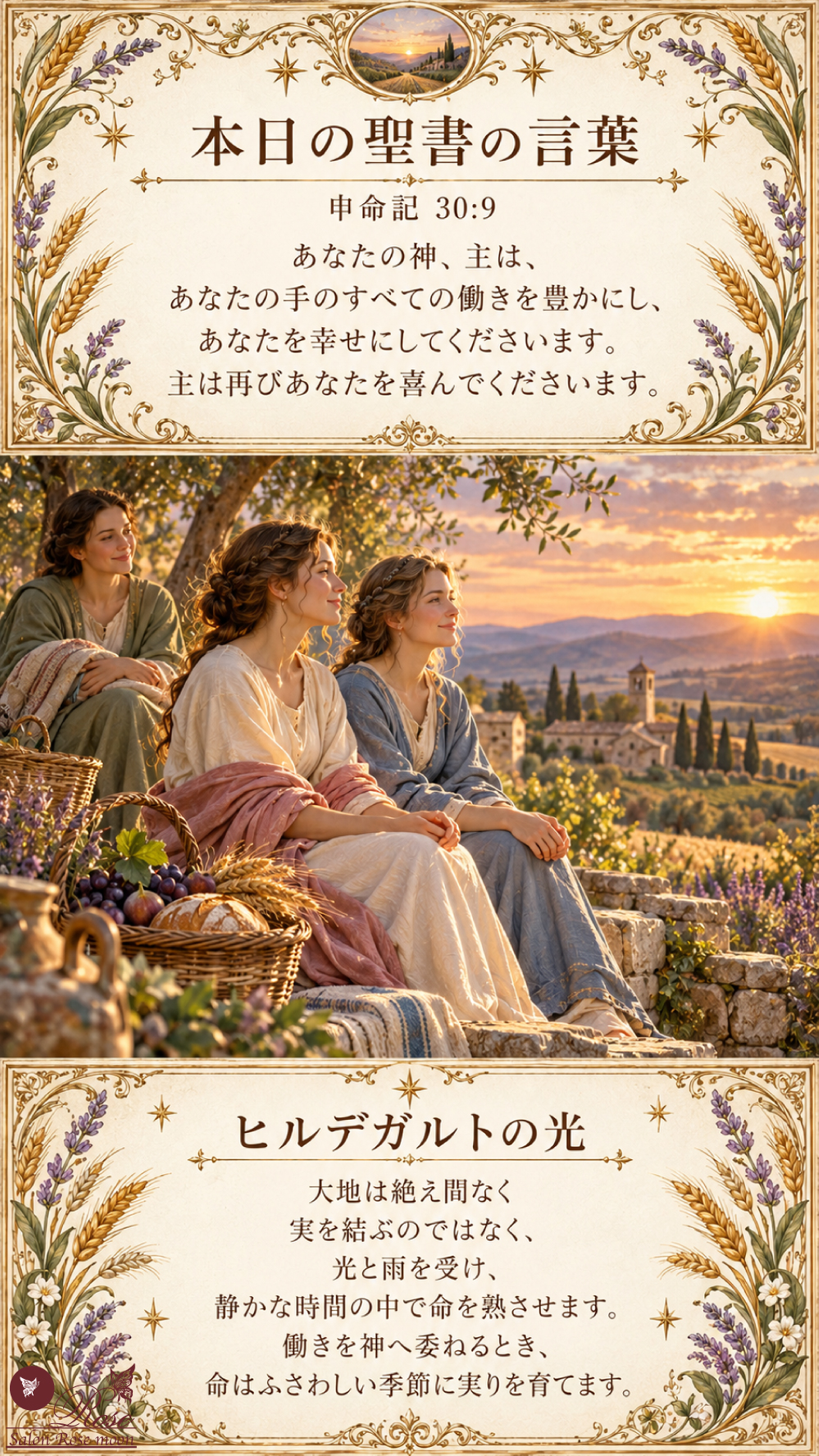 申命記30章9節の「あなたの手のすべての働きを豊かにし、あなたを幸せにしてくださいます」という聖書の言葉とヒルデガルトの光を掲載した、麦とラベンダーの金色のフレームに囲まれ、夕暮れの畑と修道院を眺めながら三人の女性が穏やかに休む
