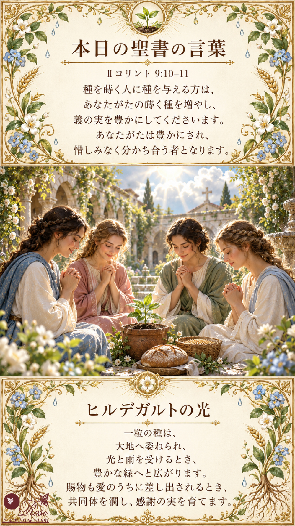 コリントの信徒への手紙二9章10〜11節の「蒔く種を増やし、義の実を豊かにしてくださいます」という聖書の言葉とヒルデガルトの光を掲載した、麦と白い花の金色のフレームに囲まれ、朝の光の中で三人の女性が種とパンを囲んで祈る