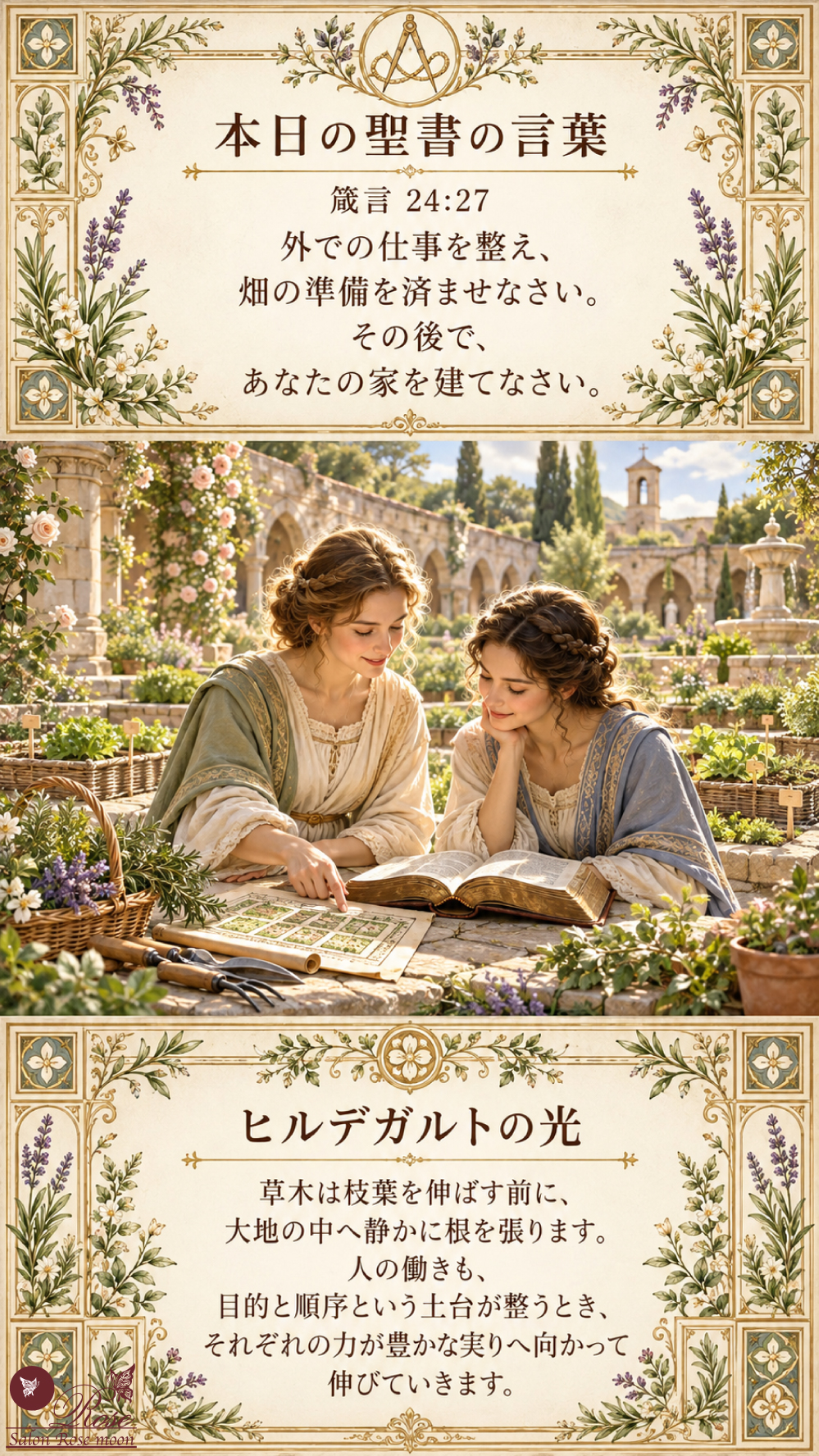 箴言24章27節の「外での仕事を整え、畑の準備を済ませなさい。その後で、あなたの家を建てなさい」という聖書の言葉とヒルデガルトの光を掲載した、整然と区画された修道院の庭で二人の女性が聖書と庭の計画図を開き、協働の準備と節度ある順序