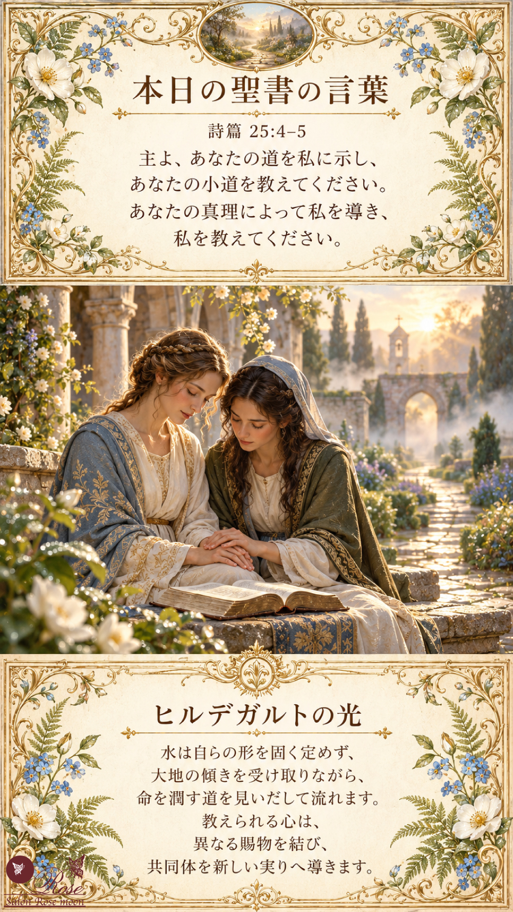 詩篇25篇4〜5節の「主よ、あなたの道を私に示し、あなたの小道を教えてください」という聖書の言葉とヒルデガルトの光を掲載した、朝霧に包まれた修道院の庭で二人の女性が開かれた聖書のそばに座り、手を重ねて祈る姿と、光へ続く小道によって静かな導き