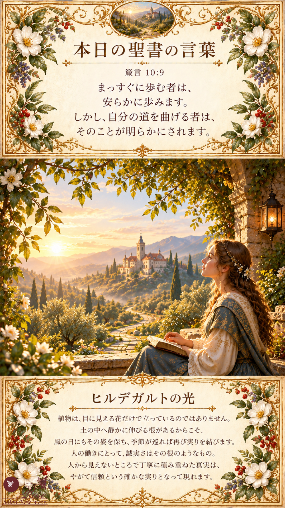 箴言10章9節の「まっすぐに歩む者は、安らかに歩みます」という聖書の言葉とヒルデガルトの光を掲載した、秋の光に包まれた修道院へ続くまっすぐな小道を見つめながら女性が静かに聖書を開く姿によって、誠実な歩みと信頼の積み重ね
