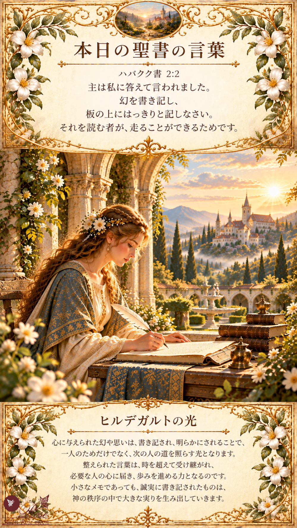 ハバクク書2章2節の「幻を書き記し、板の上にはっきりと記しなさい」という聖書の言葉とヒルデガルトの光を掲載した、朝日に照らされた修道院の庭で女性が羽根ペンを手に書物へ言葉を書き記す姿によって、心に与えられたものを秩序立てて形にし、次の人へ受け渡していく歩み