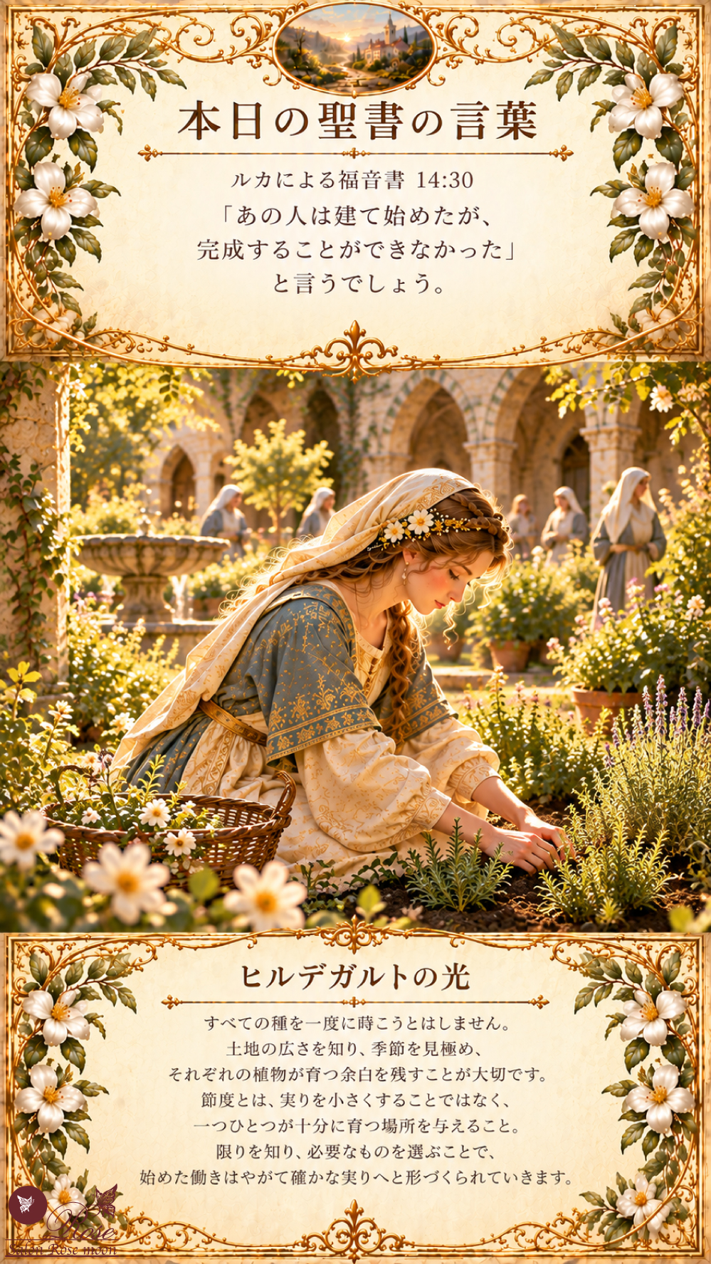 ルカによる福音書14章30節の「建て始めたが、完成することができなかった」という聖書の言葉とヒルデガルトの光を掲載した、秋の光に包まれた修道院の庭で女性が一つひとつのハーブを丁寧に育てる姿によって、限りを知り、必要なものを選び、始めた働きを最後まで形にする節度